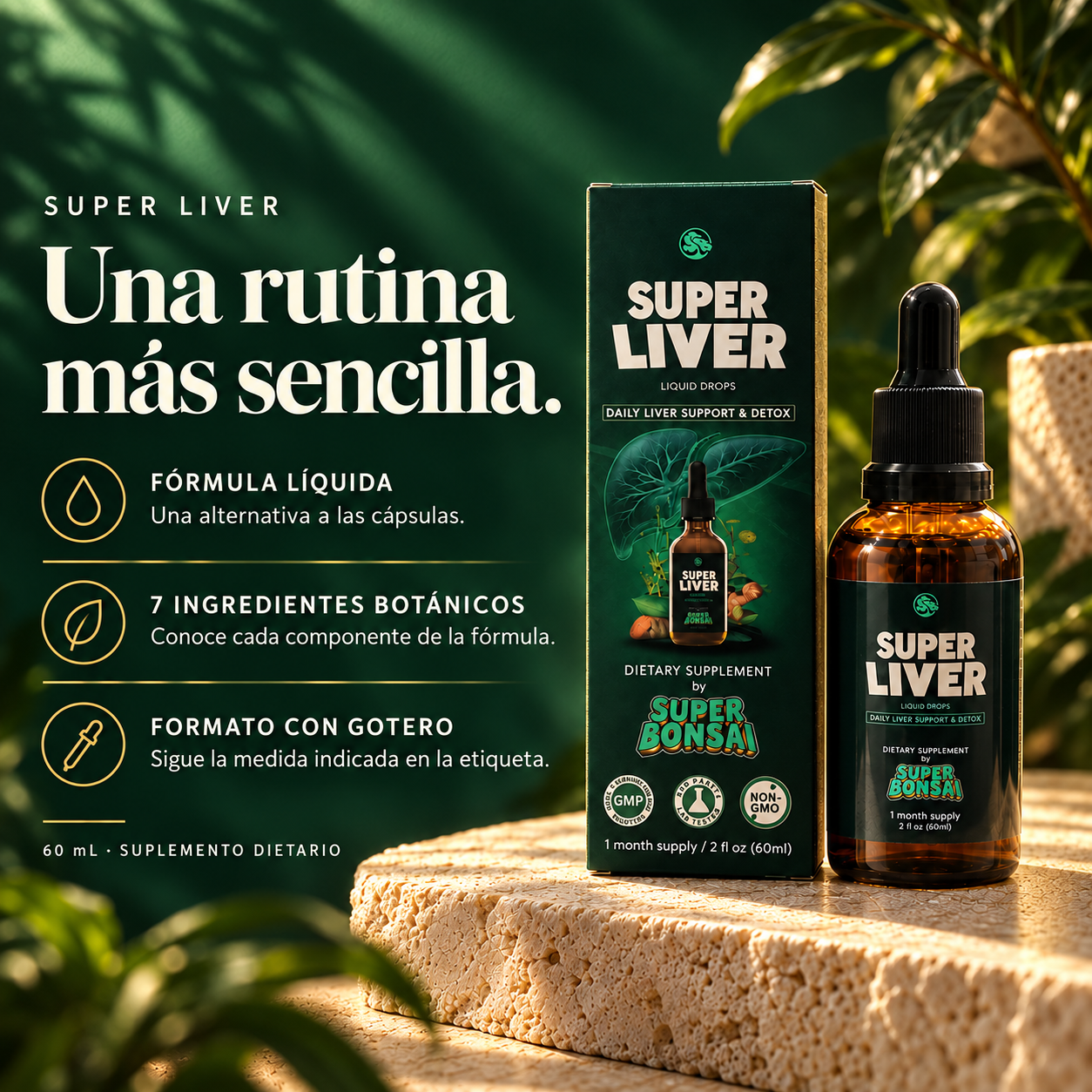 Fórmula líquida, siete ingredientes y formato con gotero